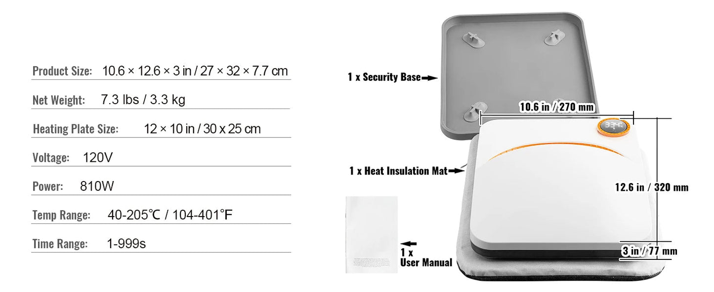 VEVOR 9x9/12x10 in Portable Heat Press Machine DIY Shirt Printing Multifunctional Sublimation Transfer for HTV Vinyl T-shirt Bag Ai-TechWorld