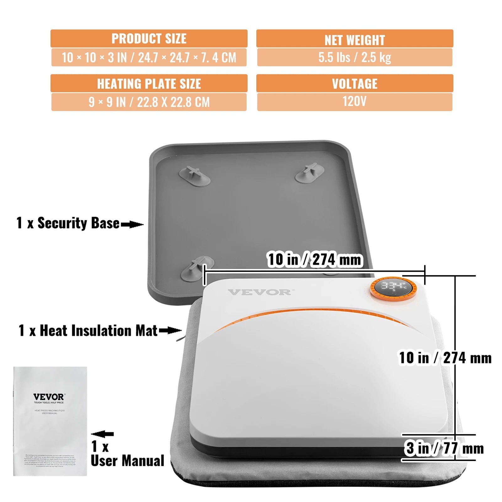 VEVOR 9x9/12x10 in Portable Heat Press Machine DIY Shirt Printing Multifunctional Sublimation Transfer for HTV Vinyl T-shirt Bag Ai-TechWorld