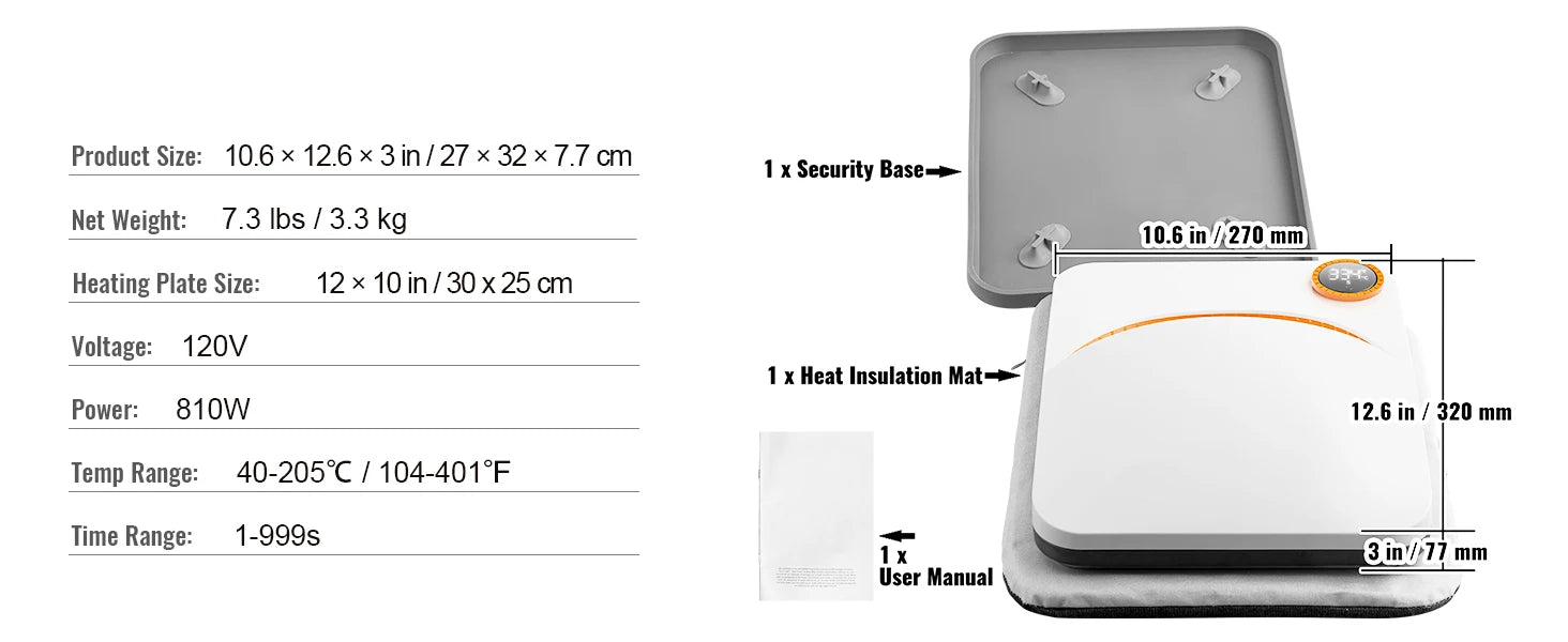 VEVOR 9x9/12x10 in Portable Heat Press Machine DIY Shirt Printing Multifunctional Sublimation Transfer for HTV Vinyl T-shirt Bag - Ai - TechWorld