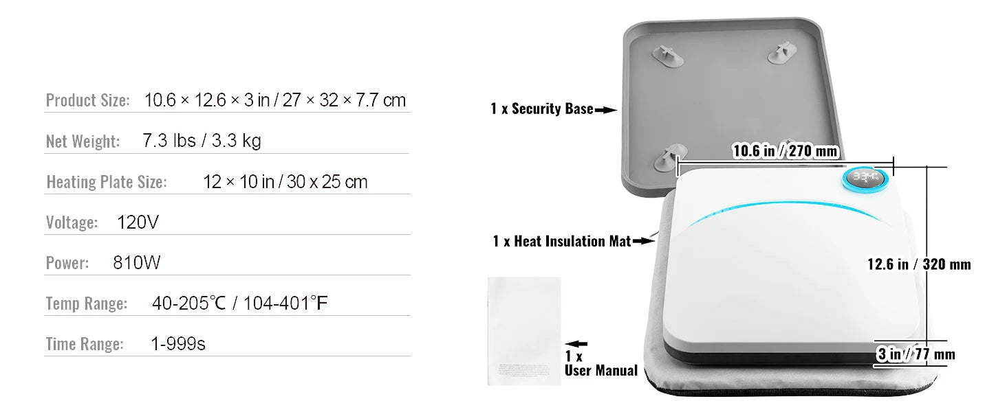 VEVOR 9x9/12x10 in Portable Heat Press Machine DIY Shirt Printing Multifunctional Sublimation Transfer for HTV Vinyl T-shirt Bag Ai-TechWorld