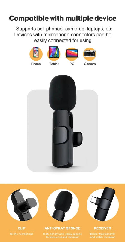 Wireless Lavalier Microphone Audio Video Recording Mini Microphone for iPhone Android Phone Live Broadcast Gaming Mic Portable Ai-TechWorld