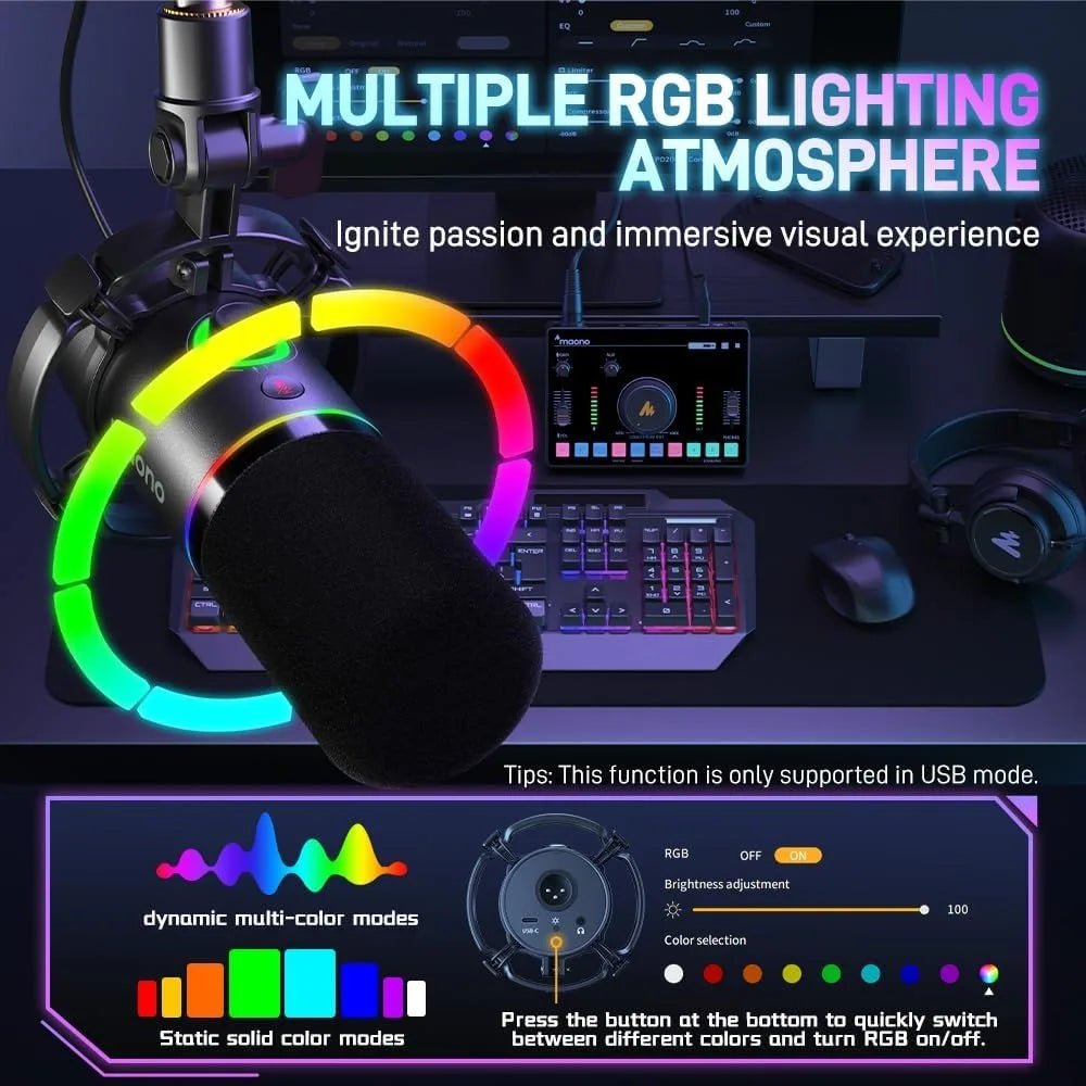 XLR/USB Dynamic Microphone, RGB Gaming Mic with Software, Mute, Gain Knob, Volume Control and Headphone Jack Ai-TechWorld